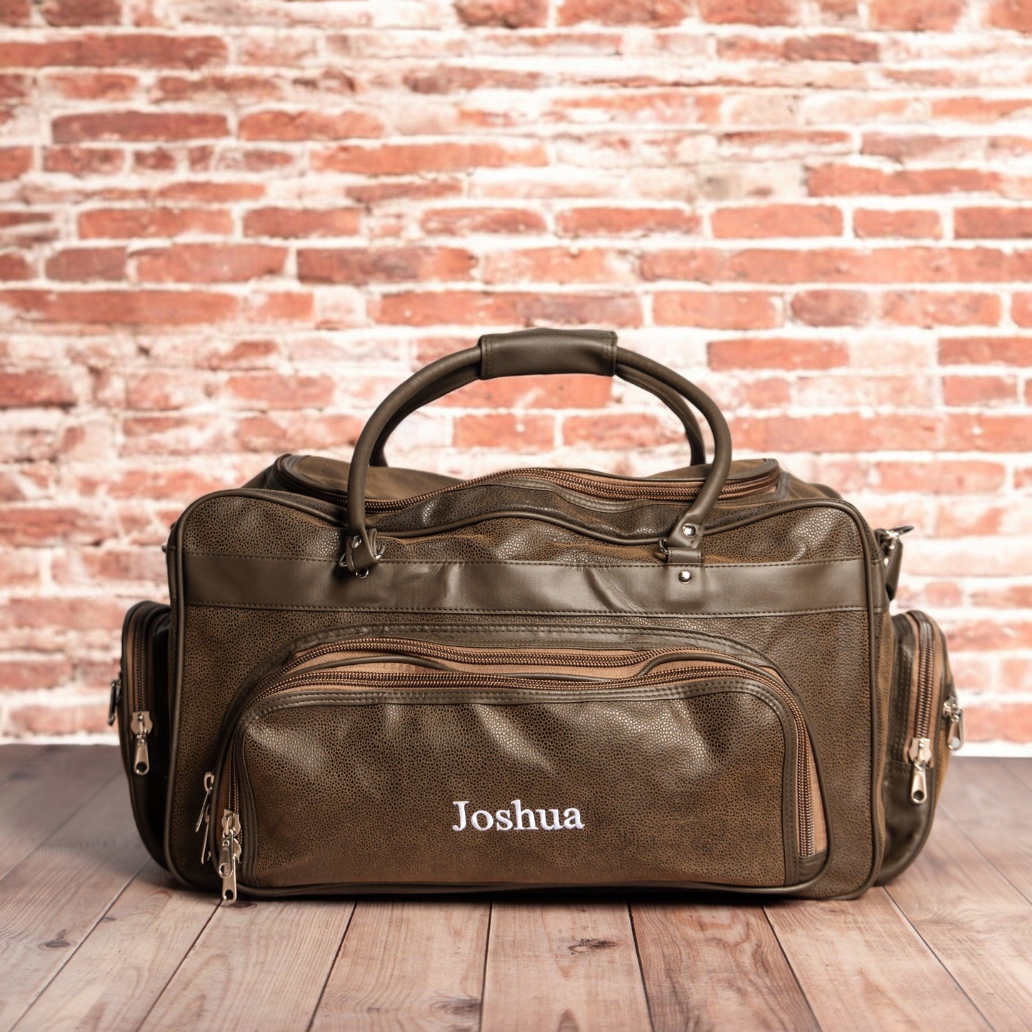 Personalized Legacy Leather Weekender Duffle Bag close-up, groomsmen gift