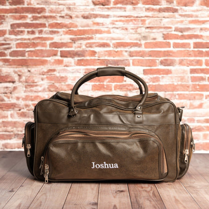 Personalized Legacy Leather Weekender Duffle Bag close-up, groomsmen gift