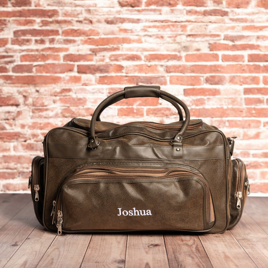 Personalized Legacy Leather Weekender Duffle Bag close-up, groomsmen gift