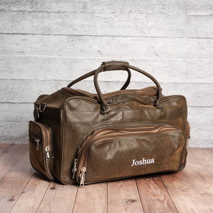 Custom leather duffle bag packed for travel, birthday gift for him