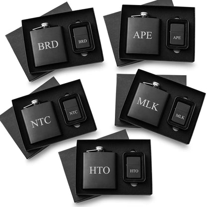 Personalized Black Flasks & Lighters - Gift Set of 5-Flasks-JDS-3Initials-